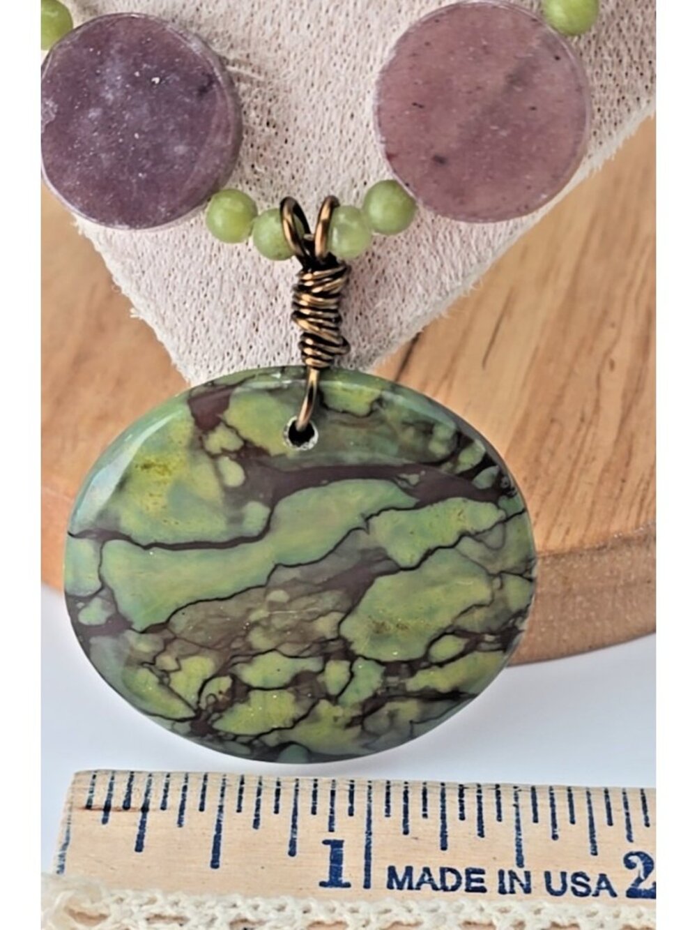 Artisan Natural Stone Statement Necklace Purple Green Beaded Pendant Boho Earthy - Picture 5 of 11